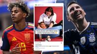 Kuvakombossa taustalla Lamine Yamal ja Lionel Messi. Keskellä kuvakaappaus Instagramista, jossa Messi kylvettää Yamalia vauvana.
