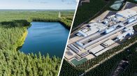 Två bilder sida vid sida. Till vänster ett landskap med en sjö omgiven av skog. Till höger en visualisering av ett fabrikskomplex.