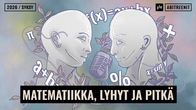 Kuvassa kaksi rintakuvapatsasta naamat vastakkain mikrofonin ympärillä. Ympärillä matemaattisia kaavoja. 