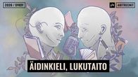 Kuvassa kaksi rintakuvapatsasta naamat vastakkain mikrofonin ympärillä. Ympärillä kirjoja ja kirjoitusvälineitä.