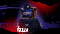 Poliisin univormuun pukeutunut hahmo, jonka pää on televisio, taustalla poliisiauto ja poliiseja, teksti "POLIISIT".