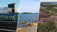 Kolmen kuvan kollaasi. Ensimmäisessä kuvassa Turun päärautatieasema. Toisessa kuvassa Saaristomeren maisemaa. Kolmannessa kuvassa Green North Energylle varattu alue Naantalissa.