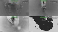 Skärmdump från en svartvit video i fyra fält som visar sprängningar av iranska tankfartyg. Video från USA:s centralkommando.