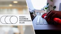 Kuva on jaettu kahteen osaan. Vasemmalla on Keski-Suomen hyvinvointialueen kyltti, oikealla sormet tietokoneen näppäimistöllä.