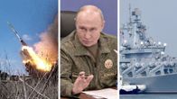 Kuvakoosteessa venäläisen ohjuksen laukaisu, Venäjän presidentti Vladimir Putin ja venäläinen sota-alus.