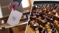 Vaalilipuke laitetaan äänestyslaatikkoon ja vasemmalla eduskuntasalista kuva.