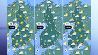 Three weather forecast maps for Wednesday morning and afternoon, and for Thursday afternoon.