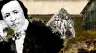 Kirjailija Zachris Topeliuksen takana peltomaisemassa istuvat häjyt Antti Rannanjärvi ja Antti Isotalo.
