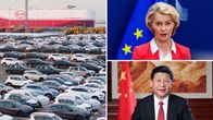 Autolautta ja satamaan parkkeerattuja autoja, Ursula von der Leyen sekä Xi Jinping, taustalla EU- ja Kiinan liput.