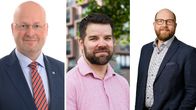 Kuvassa kolme mies toimitusjohtajaa, joiden henkilökuvat on erotettu toisistaan valkoisin pystyviivoin.