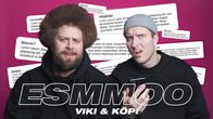 YleX Aamun juontajat Viki ja Köpi hämmentyneinä tekstiviestipalstan viesteillä täytetyn taustan edessä.