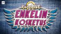Ropelive: Enkelin kosketus -teksti kangasmerkkimäisenä kuviona farkkukankaan päällä