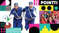 Pointti-kaupunkifestivaalin juliste, jossa graafisia elementtejä, Buu-klubbenin leimasin, liikennepuistopoliisit Maltti ja Valtti sekä Galaxin juontajia.