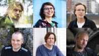 Kasvokuvat runoilijoista: Olli-Pekka Tennilä, Silja Järventausta, Lina Bonde, Olli Sinivaara, Anja Erämaja ja Toni Laitinen.