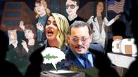 Johnny Depp ja Amber Heard piirretyn oikeustaistelun keskellä. 