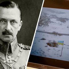 Kuvakollaasi jossa vasemmalla marsalkka mannerheim ja oikealla tietokoneen ruutu jossa näkyy ukrainan lippu.