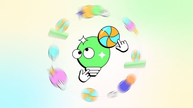 Vihreä hehkulamppu, jolla on piirretyt silmät ja kaksi irtokäsi-ikonia. Hahmon ympärillä pyörii vinhasti jotain asioita.