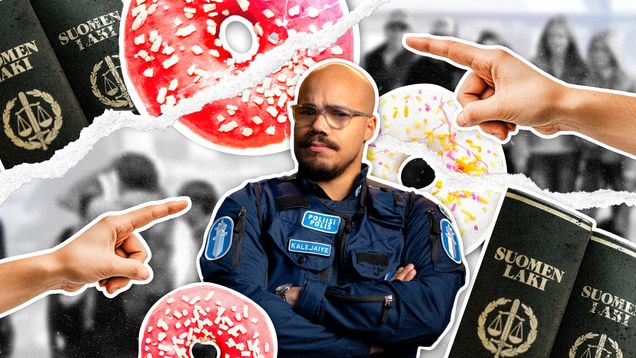 Kuvakollaasi, jossa donitsin, Suomen lakikirjan ja nettipoliisi Daniel Kalejaiyen kuva. 