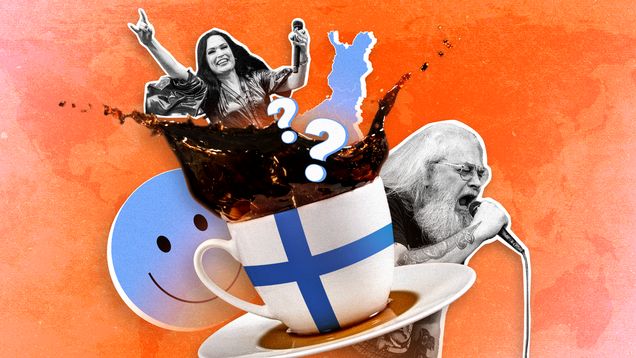 Kuvituskuva, jossa suomalainen kahvikuppi ja kulttuurisia symboleja kuvaavat Suomeen liittyviä ilmiöitä ja pohdintaa.