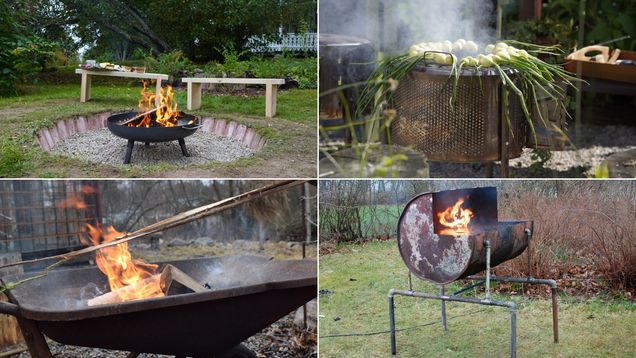Ett bildkollage av olika hembyggda grillar och eldstäder.