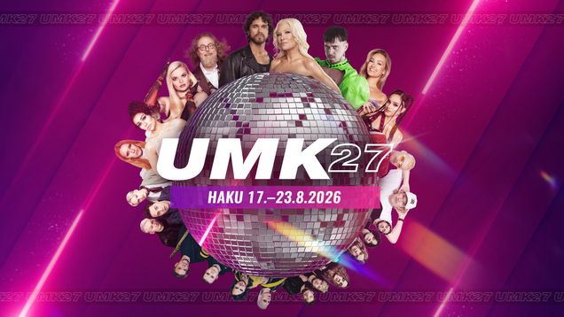 Kuvassa on discopallo, jonka ympärille on koottu UMK-artisteja.