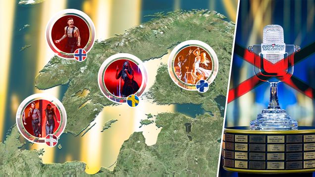 Kuvituskuva Suomen, Norjan, Tanskan ja Ruotsin vuoden 2026 euroviisuesiintyjistä.