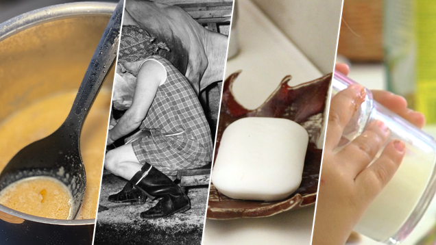 Kollage av fyra bilder föreställande en såsslev, en kvinna som mjölkar, en tvålkopp och ett barn som dricker mjölk.