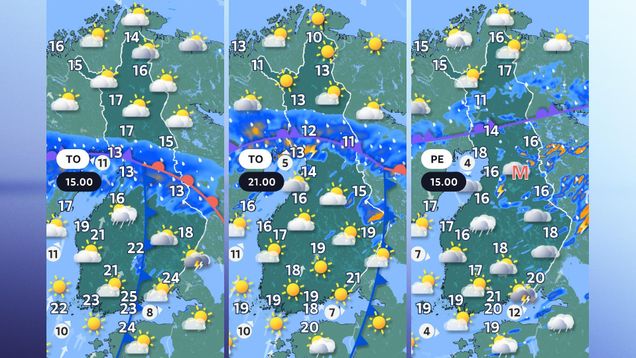 Torstain ja perjantain sääkartat.