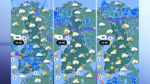 Alkuviikon sääkartat.