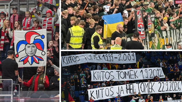 Kuvakombo kolmesta katsomolakanasta jääkiekon SM-liigassa.
