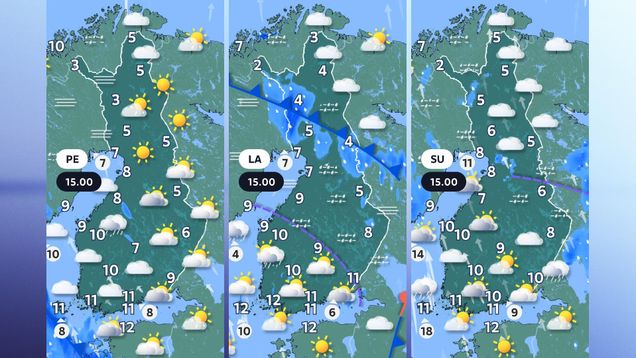 Weather forecast maps for Friday, Saturday and Sunday.
