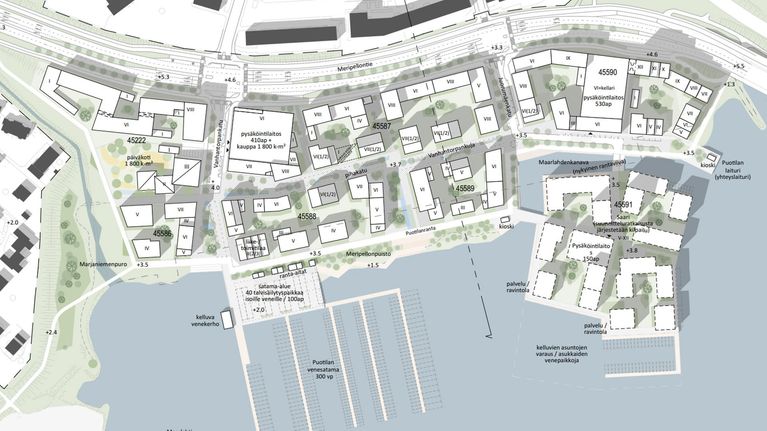 Helsingin kaupungin kaavahavainnekuva Puotilan venesataman tilalle tulevista kerrostaloista ja tekosaaresta.