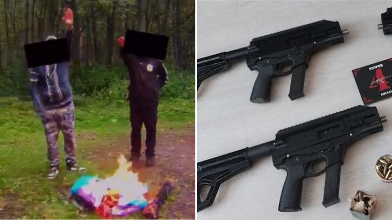 Vasemmalla kaksi uusnatsia kasvot peitettyinä palavan pride-lipun äärellä kädet Heil Hitler -tervehdyksessä. Oikealla aseita ja luoteja.