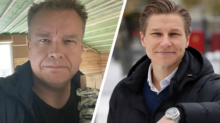 A two-photo composite image of two men looking into the camera.