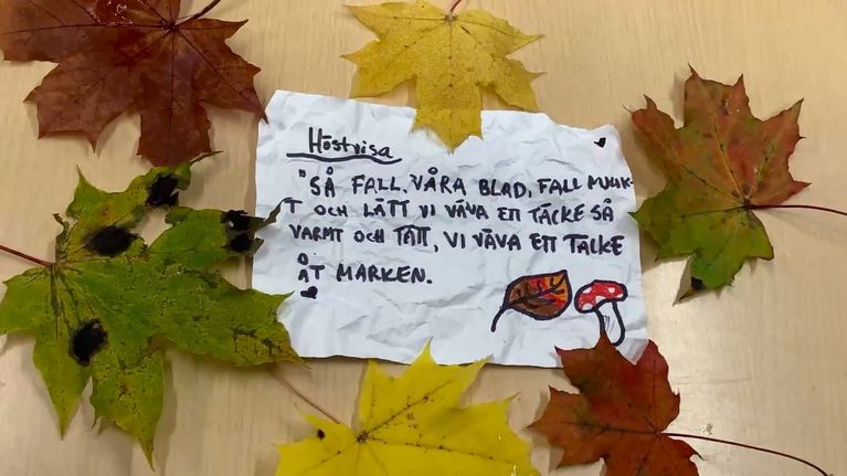 Poetisk text på ett papper omringat av färggranna höstlöv.