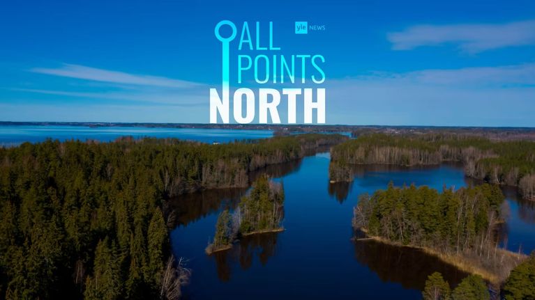 Drone photo of forest and lakes in Kaukolanharju, Tammela. The text All Points North on top of the image.