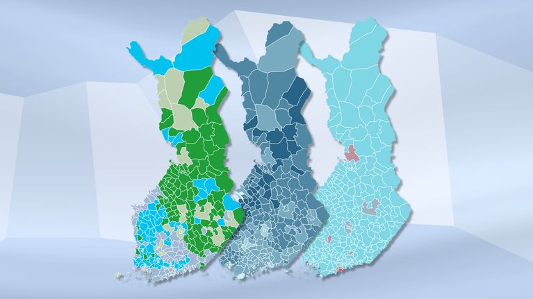 Kolme Suomen karttaa, joissa näytetään presidentinvaalien tuloksia.