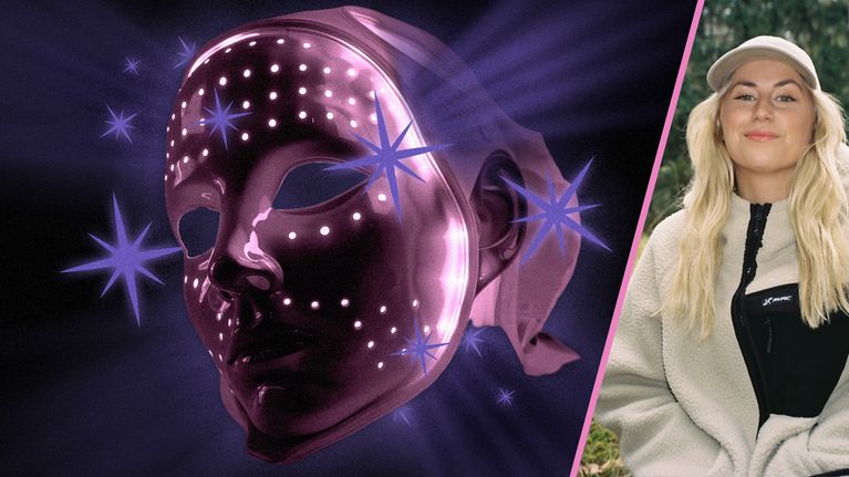 Led-valomaski ja toimittaja Emma Karasjoki.