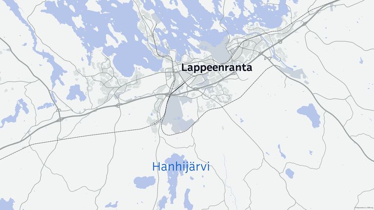Kartta jossa näkyy Lappeenranta ja Hanhijärvi.
