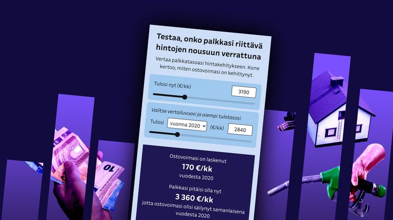 Kuvakaappaus nettisivun sisällöstä. Kuvassa on ohjelmisto joka on otsikoitu "Testaa, onko palkkasi riittävä hintojen nousuun verrattuna.".