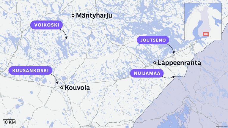 karttagrafiikka näyttää koiran liikkeet Nuijamaalla, Joutsenossa, Voikoskella ja Kuusankoskella.