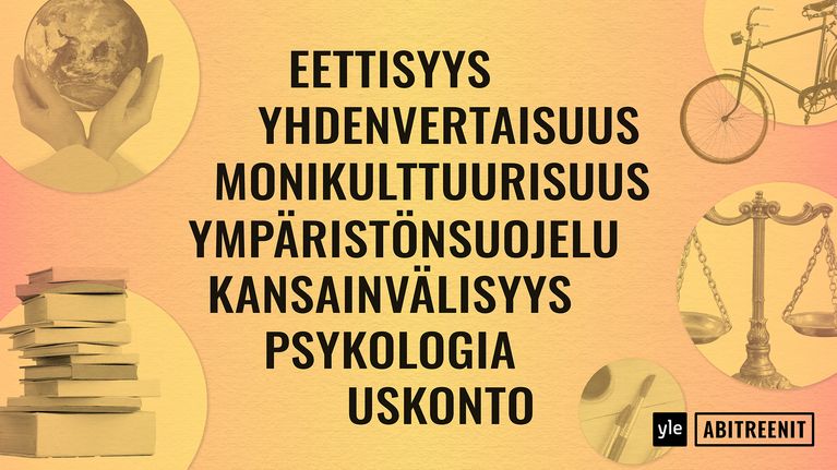 Abitreenien toteuttama versio Opetushallituksen alkuperäisestä Näkökulmapaletista. Kuvassa keskellä sanat: eettisyys, yhdenvertaisuus, monikulttuurisuus, ympäristönsuojelu, kansainvälisyys, psykologia ja uskonto. Kuvien sivuissa ovat kämmenet, jotka pitävät maapalloa, kasa kirjoja, vanha polkupyörä, vaaka ja pensseleitä.