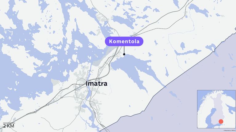 Kartta, joka näyttää Komentolan sijainnin Imatralla itärajan lähellä.