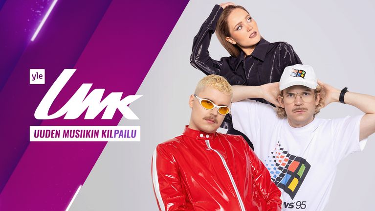 UMK-grafiikalla varustettu kuva, jossa ovat artistit Sanni, Windows95man sekä Henri Piispanen valkoisella taustalla.