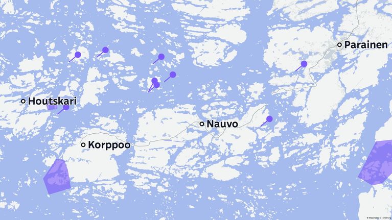Karttagrafiikka, johon on merkitty Airiston Helmen aiemmat omistukset.