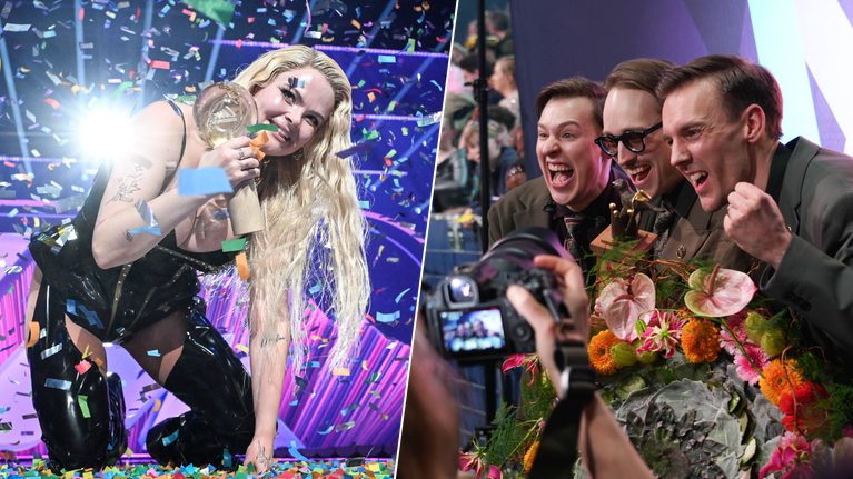 Bildkollage bestående av en bild på Erika Vikman då hon precis vunnit UMK25 och en på KAJ strax efter att de vunnit Melodifestivalen 2025. 