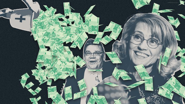 Kollage på Timo Soini och Päivi Räsänen som blir påösta med hundra euros sedlar.