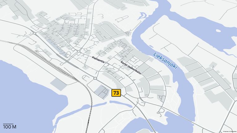 Lieksan kartta, jossa näkyy Pielisen tie, Korpi-jaakonkatu ja kantatie 73.