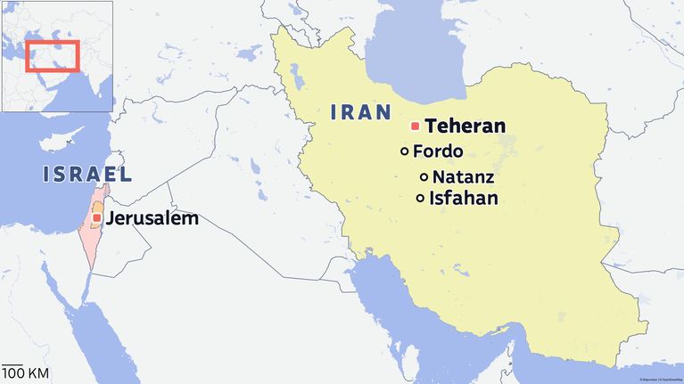 Kartta, joka näyttää Israelin ja Iranin alueet. Israelissa on merkitty Jerusalem, ja Iranissa on merkitty Teheran, Fordo, Natanz ja Isfahan. 