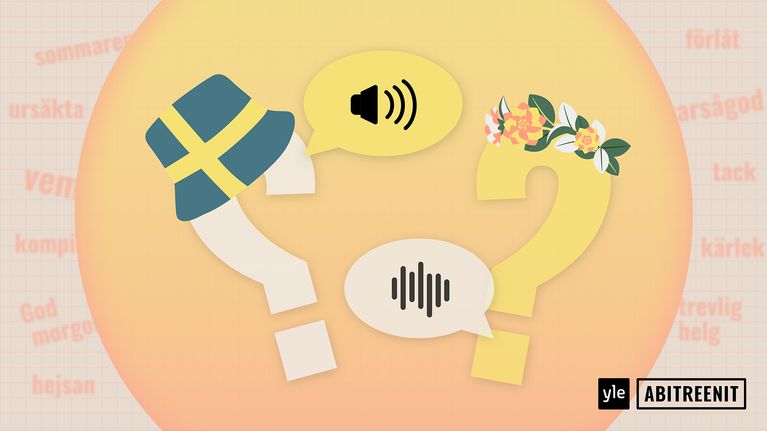 Kuvassa kaksi kysymysmerkkiä, joista toisella on päässään ruotsin lipulla kuvioitu kalastajalakki ja toisella seppele.